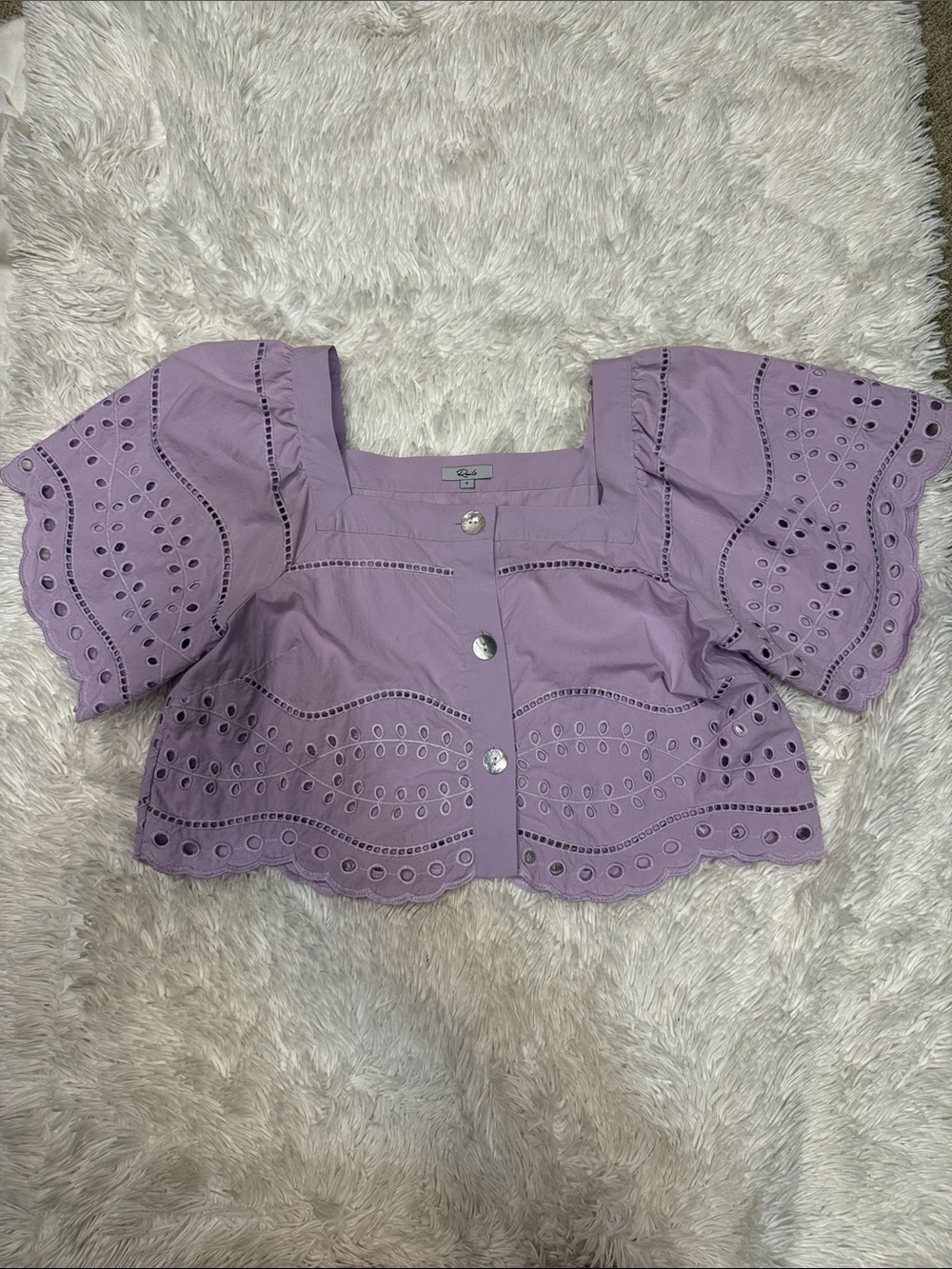 Rails Lavender Eyelet Embroidered Puff Sleeve Cropped Blouse Size Small